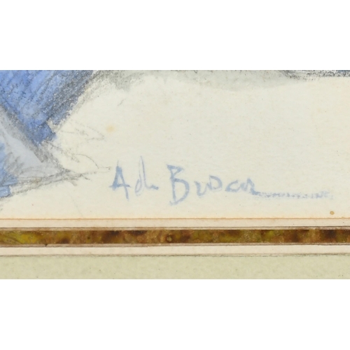 210 - Continental School circa 1890, A lady seated on a chair wearing a long blue dress with a white neck ... 