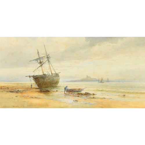 212 - Emil Axel Krause (1871-1945) Danish, A beach scene with two figures, moored boats and sailing boats ... 