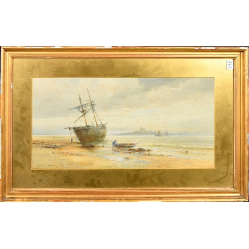 212 - Emil Axel Krause (1871-1945) Danish, A beach scene with two figures, moored boats and sailing boats ... 