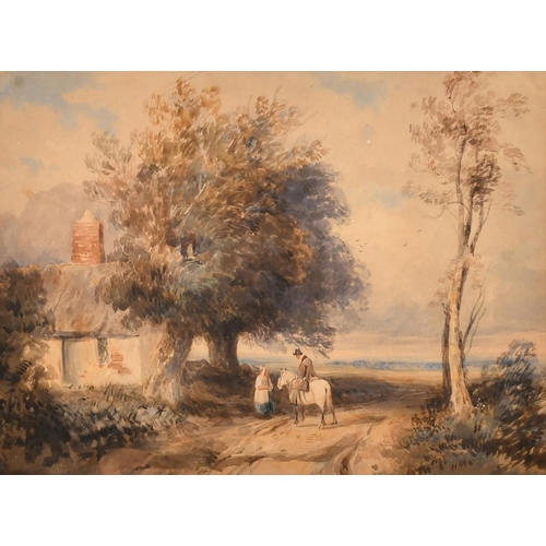 214 - Circle of David Cox, A man on a horse chatting to a lady on a track by a cottage, watercolour, 9.25