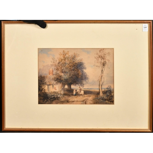 214 - Circle of David Cox, A man on a horse chatting to a lady on a track by a cottage, watercolour, 9.25