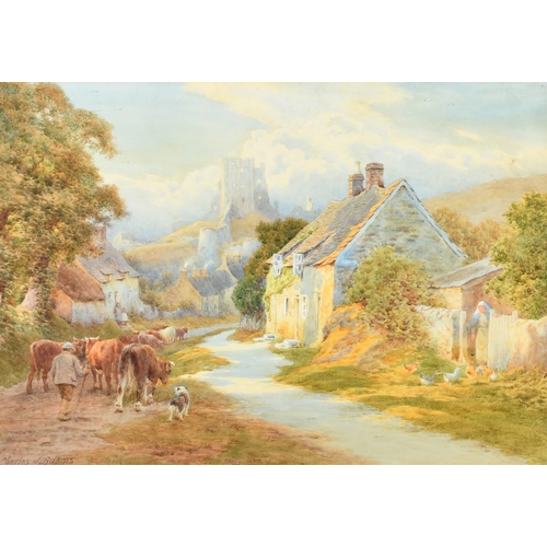 216 - Charles James Adams (1859-1931) British, Moving the herd through the village, a ruined castle on a h... 