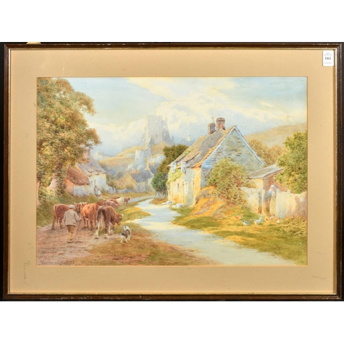 216 - Charles James Adams (1859-1931) British, Moving the herd through the village, a ruined castle on a h... 