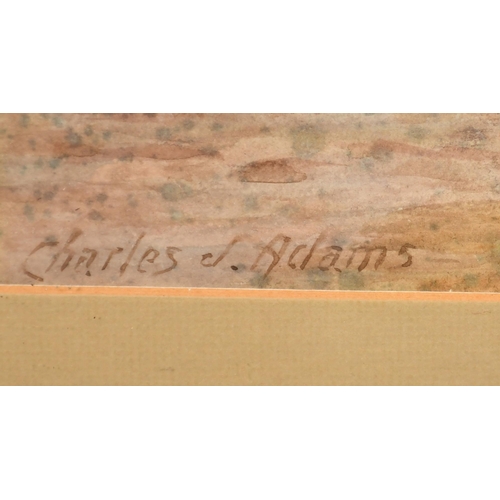 216 - Charles James Adams (1859-1931) British, Moving the herd through the village, a ruined castle on a h... 