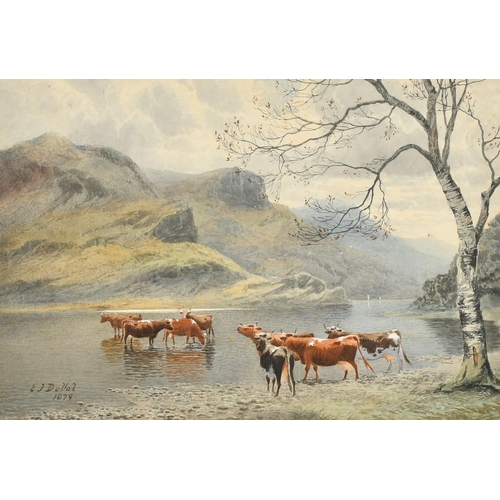 219 - Edward .J. Duval (1838-1923) British, Cattle watering at the edge of a loch with mountains beyond, w... 