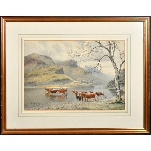 219 - Edward .J. Duval (1838-1923) British, Cattle watering at the edge of a loch with mountains beyond, w... 