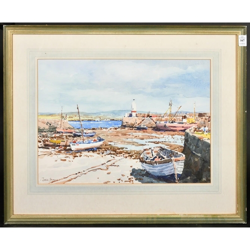 220 - Josiah Sturgeon (1919-1999) British, Boats in a walled harbour at low tide, watercolour, signed, Bes... 