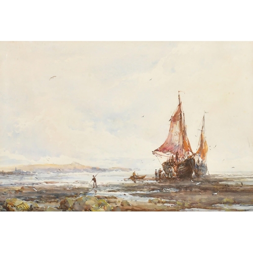 221 - Frank Wasley (1854-1934), Unloading the catch, two fishing boats on the sand at low tide, Berwick on... 