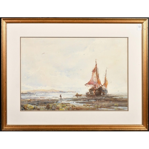 221 - Frank Wasley (1854-1934), Unloading the catch, two fishing boats on the sand at low tide, Berwick on... 