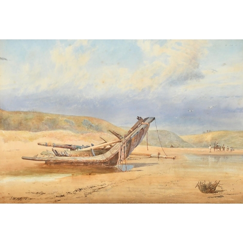 223 - J.W. Walker, A piece of wreckage on the shore, figures with a horse and cart beyond, watercolour, si... 