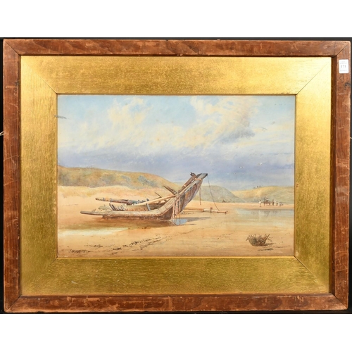 223 - J.W. Walker, A piece of wreckage on the shore, figures with a horse and cart beyond, watercolour, si... 