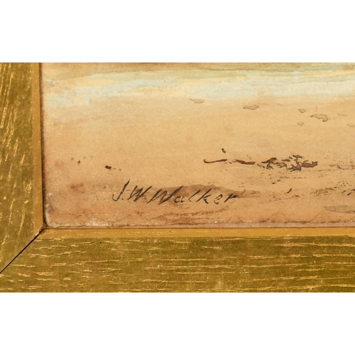 223 - J.W. Walker, A piece of wreckage on the shore, figures with a horse and cart beyond, watercolour, si... 