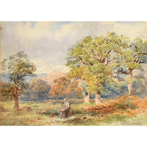 227 - W. Bennett, A man on the edge of a wood using a wood stump to trim cut branches, watercolour, signed... 