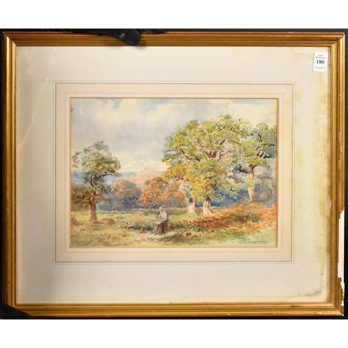 227 - W. Bennett, A man on the edge of a wood using a wood stump to trim cut branches, watercolour, signed... 