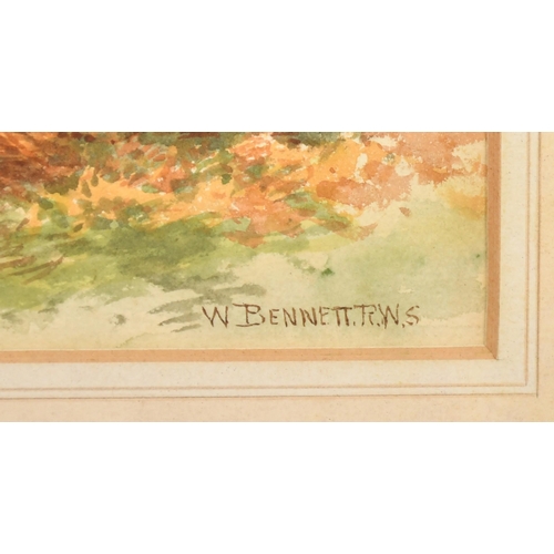 227 - W. Bennett, A man on the edge of a wood using a wood stump to trim cut branches, watercolour, signed... 