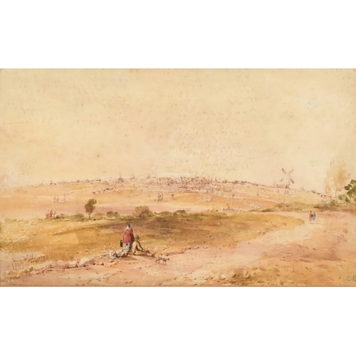 228 - Attributed to A.V. Copley Fielding (1787-1855) British, Figures resting on a track with a dog before... 