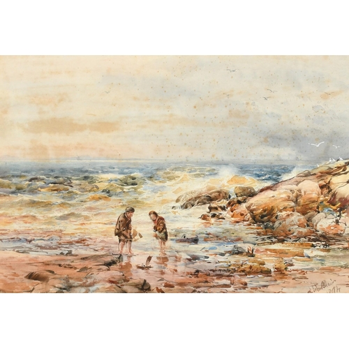 231 - John Blair (fl.1885-1888), A rugged coastal scene with two children playing with toy boats, watercol... 