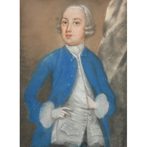 237 - 18th Century,  A three quarter length portrait of a gentleman wearing a blue coat, pastel, 13.25