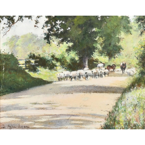 238 - Isabella Wylie Lowe, Sheep on a country lane, watercolour, signed and dated 1915, 8.25