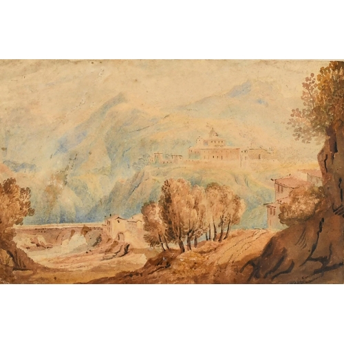 240 - Follower of Edward Lear, Buildings by a bridge in a valley with a large prominent building in the di... 
