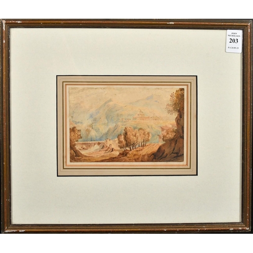 240 - Follower of Edward Lear, Buildings by a bridge in a valley with a large prominent building in the di... 