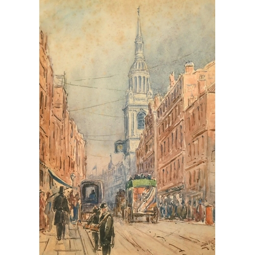 247 - A.R. Collis, Circa 1895, figures and a church on a busy London street, watercolour, signed with init... 
