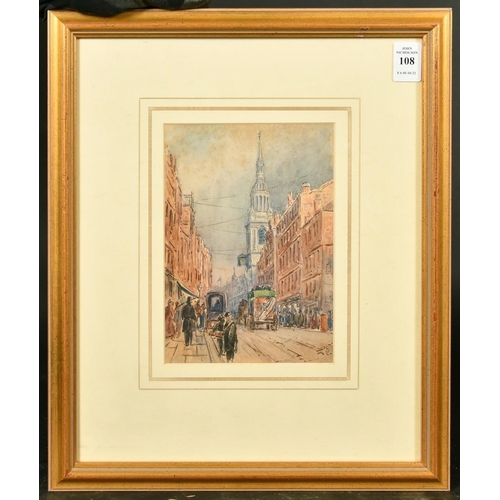 247 - A.R. Collis, Circa 1895, figures and a church on a busy London street, watercolour, signed with init... 