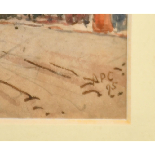 247 - A.R. Collis, Circa 1895, figures and a church on a busy London street, watercolour, signed with init... 