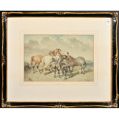 248 - J. F. Herring Jnr (1815-1907), British, A group of four horses, three wearing yokes and one with a s... 
