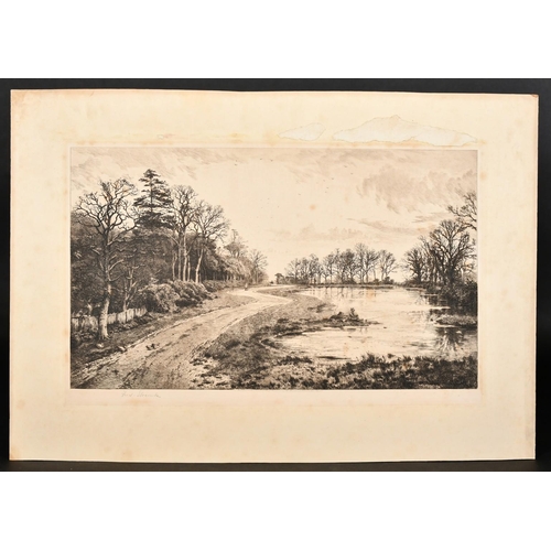 57 - Fred Slocombe (1847-1920), a scene of figures and ducks on a road beside a lake, engraving, signed i... 