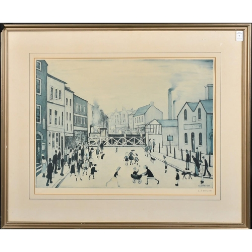 9 - L.S. Lowry (1887-1976), a print of figures in a busy street, signed  in pencil, with blindstamp, fad... 