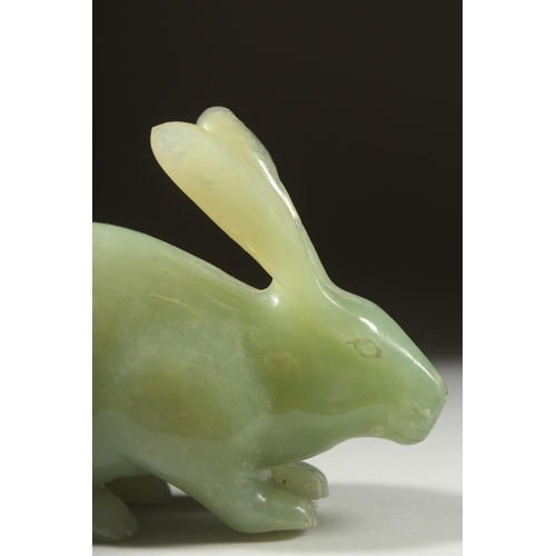 16 - A LARGE CARVED JADE FIGURE OF A RABBIT on a fitted wooden base, 16cm long.