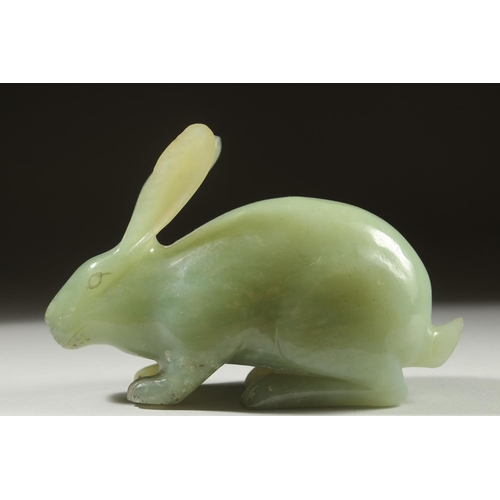 16 - A LARGE CARVED JADE FIGURE OF A RABBIT on a fitted wooden base, 16cm long.