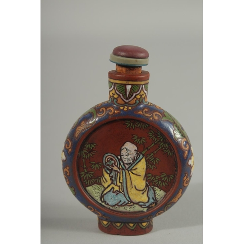 31 - AN UNUSUAL CHINESE YIXING SNUFF BOTTLE AND STOPPER, with enamel painted decoration, 8.5cm high.