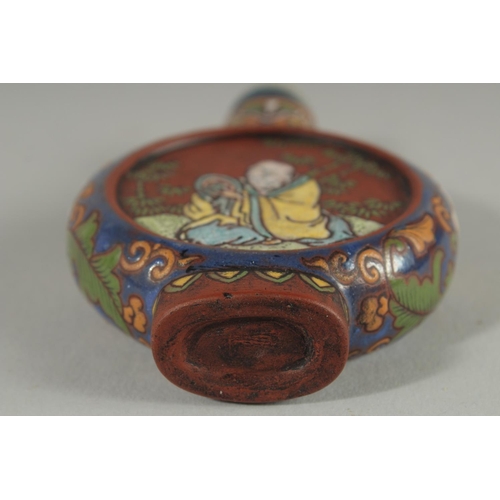 31 - AN UNUSUAL CHINESE YIXING SNUFF BOTTLE AND STOPPER, with enamel painted decoration, 8.5cm high.
