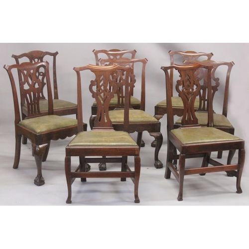 1001 - A GOOD HARLEQUIN SET OF EIGHT GEORGE II IRISH MAHOGANY DINING CHAIRS with comb back, slats, leather ... 