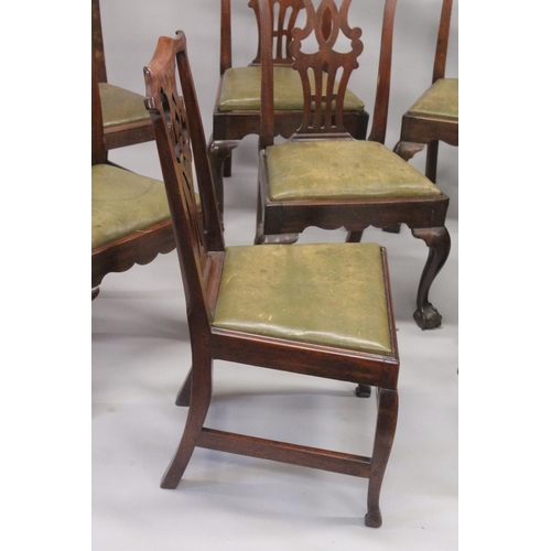 1001 - A GOOD HARLEQUIN SET OF EIGHT GEORGE II IRISH MAHOGANY DINING CHAIRS with comb back, slats, leather ... 