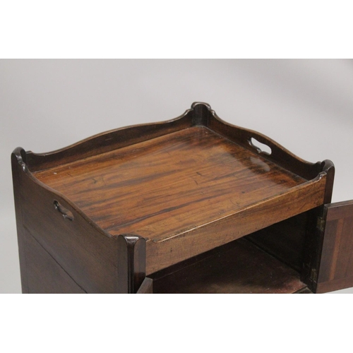 1004 - A GEORGE III MAHOGANY TRAY TOP BEDSIDE TABLE with hand apertures, the front with double panel doors ... 