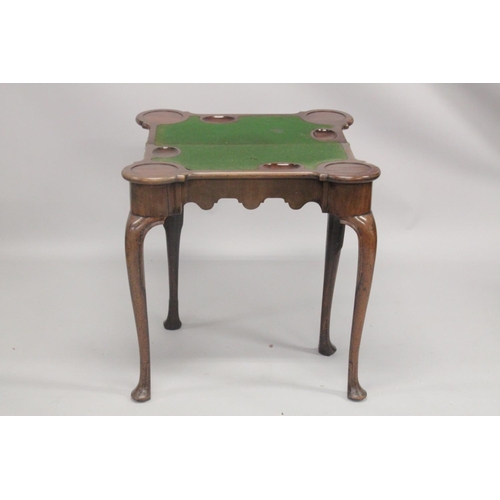 1005 - A GOOD GEORGE II MAHOGANY SHAPED FOLDING SWIVEL TOP CARD TABLE with green baize cover and counter we... 