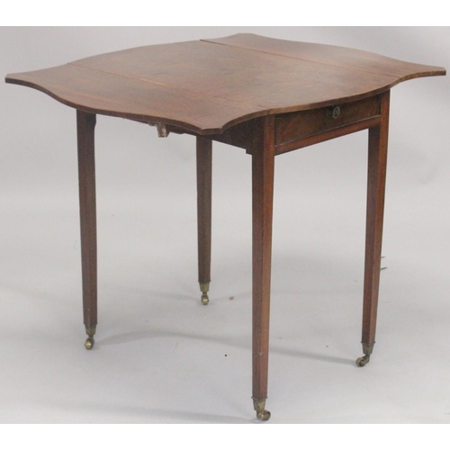 1012 - A GEORGE III MAHOGANY BUTTERFLY PEMBROOKE TABLE with shaped folding flap, end drawer on tapering leg... 