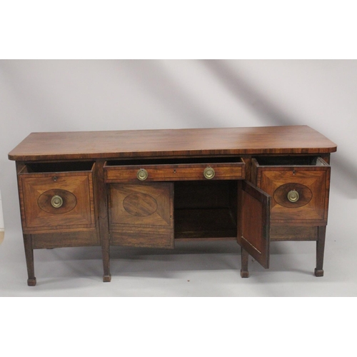 1016 - A GOOD GEORGE III MAHOGANY STRAIGHT FRONTED SIDEBOARD with plain legs and ovals to the front, with c... 