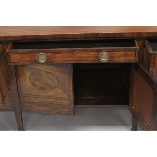 1016 - A GOOD GEORGE III MAHOGANY STRAIGHT FRONTED SIDEBOARD with plain legs and ovals to the front, with c... 