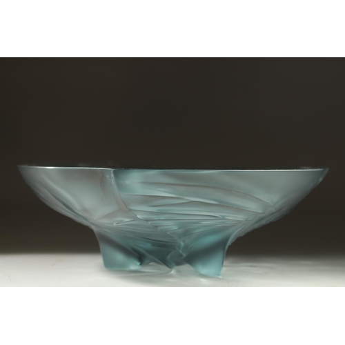 1047 - A GOOD LALIQUE BLUE GLASS SHAPED FLOWER BOWL. 9.5ins diameter in original box.