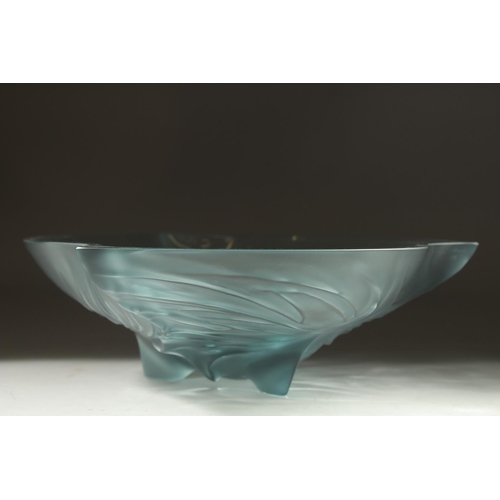 1047 - A GOOD LALIQUE BLUE GLASS SHAPED FLOWER BOWL. 9.5ins diameter in original box.