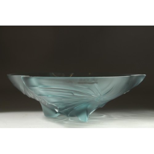 1047 - A GOOD LALIQUE BLUE GLASS SHAPED FLOWER BOWL. 9.5ins diameter in original box.