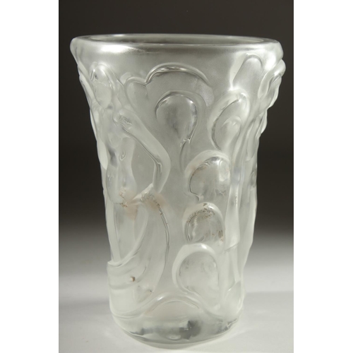 1050 - A GOOD LALIQUE FROSTED GLASS VASE the sides with  nudes. Engraved: Lalique,France. 8.5ins high.... 