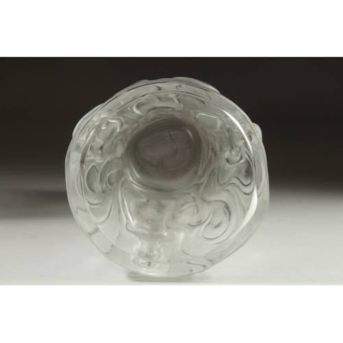 1050 - A GOOD LALIQUE FROSTED GLASS VASE the sides with  nudes. Engraved: Lalique,France. 8.5ins high.... 