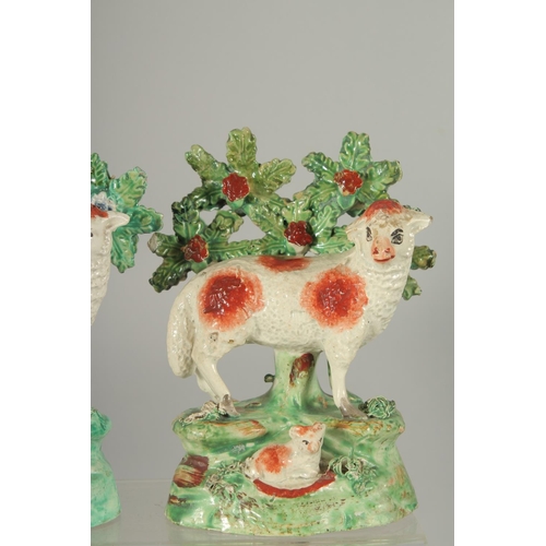 1064 - A PAIR OF STAFFORDSHIRE BOCAGE GROUP OF SHEEP with lambs, with bocage backs.