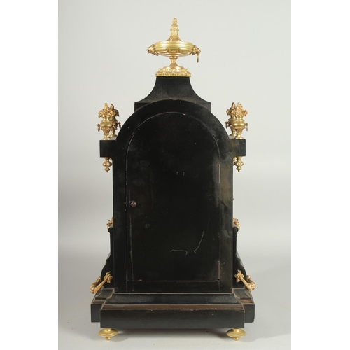 1146 - A GOOD 19TH CENTURY FRENCH BOULLE BRACKET CLOCK, the face with blue and white Roman numerals, brass ... 