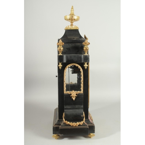 1146 - A GOOD 19TH CENTURY FRENCH BOULLE BRACKET CLOCK, the face with blue and white Roman numerals, brass ... 